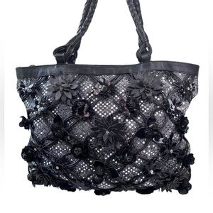 Beverly Feldman Black Leather Large Tote Silver Flowers Shoulder Bling Handbag